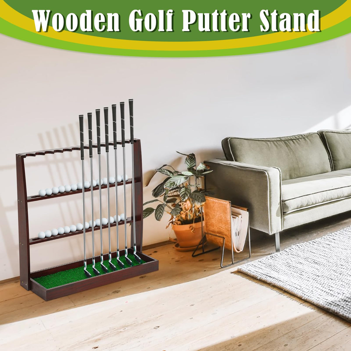 Lenwen brown wooden display elevates golf gear with elegant storage