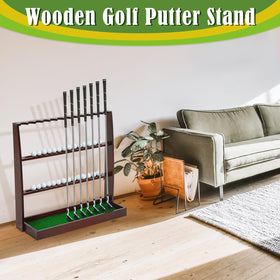 Lenwen brown wooden display elevates golf gear with elegant storage