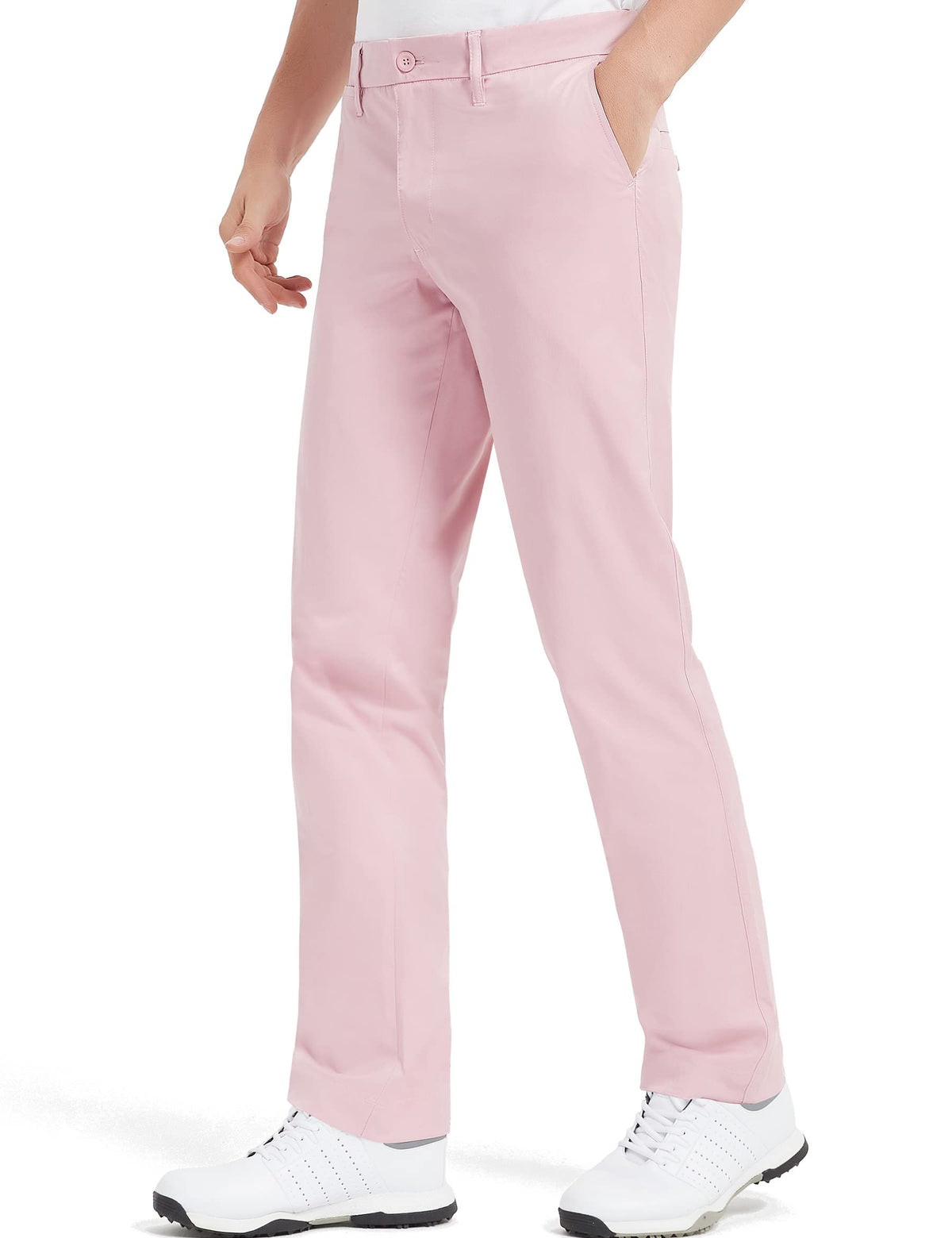 Lesmart golf pants back pocket pink close-up with secure button closure.
