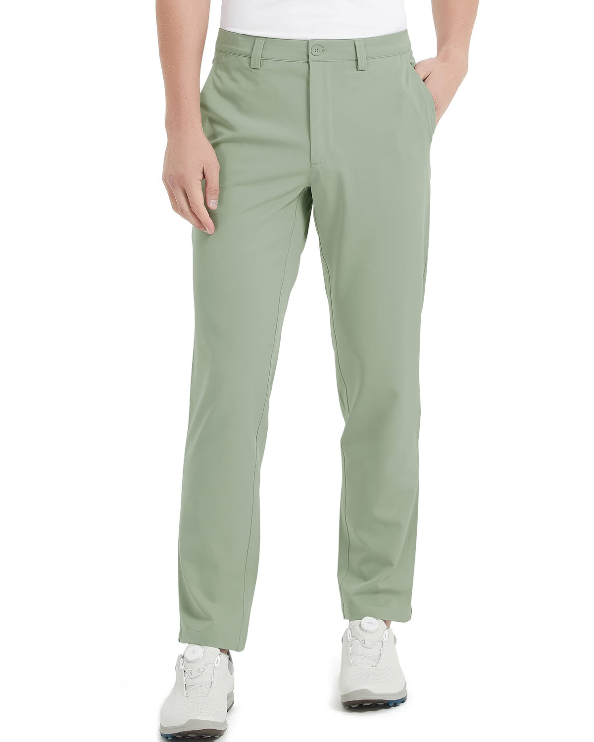 Lesmart men's golf pants front view showing four-way stretch for mobility.