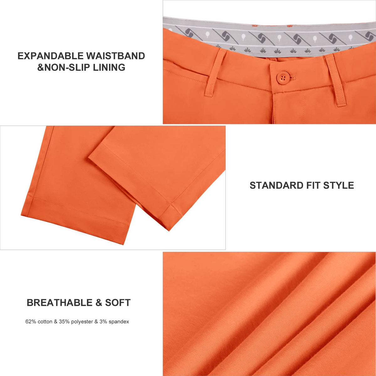 Lesmart orange golf pants on course image emphasize vibrant color and versatility.