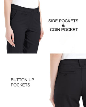 Lesmart women's golf pants model wearing black show versatile all-season wear.