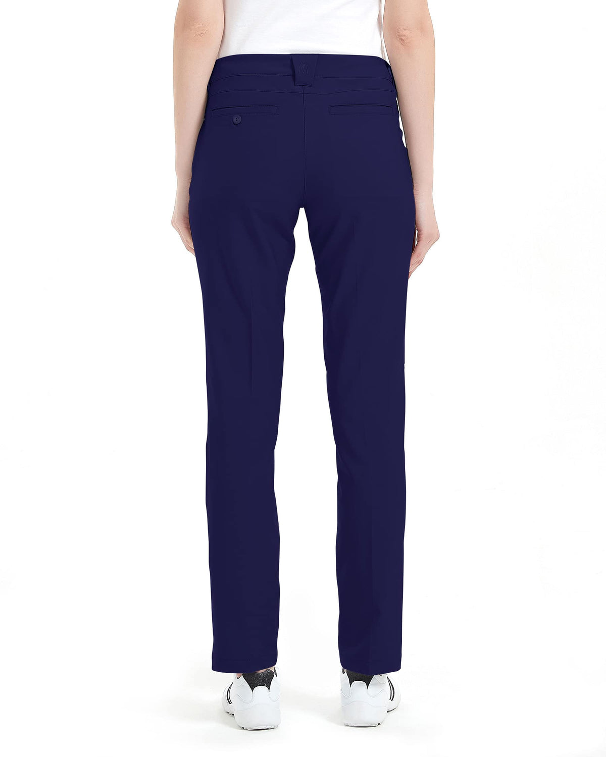 Lesmart women's golf pants back-pocket close-up with button closure for secure storage.