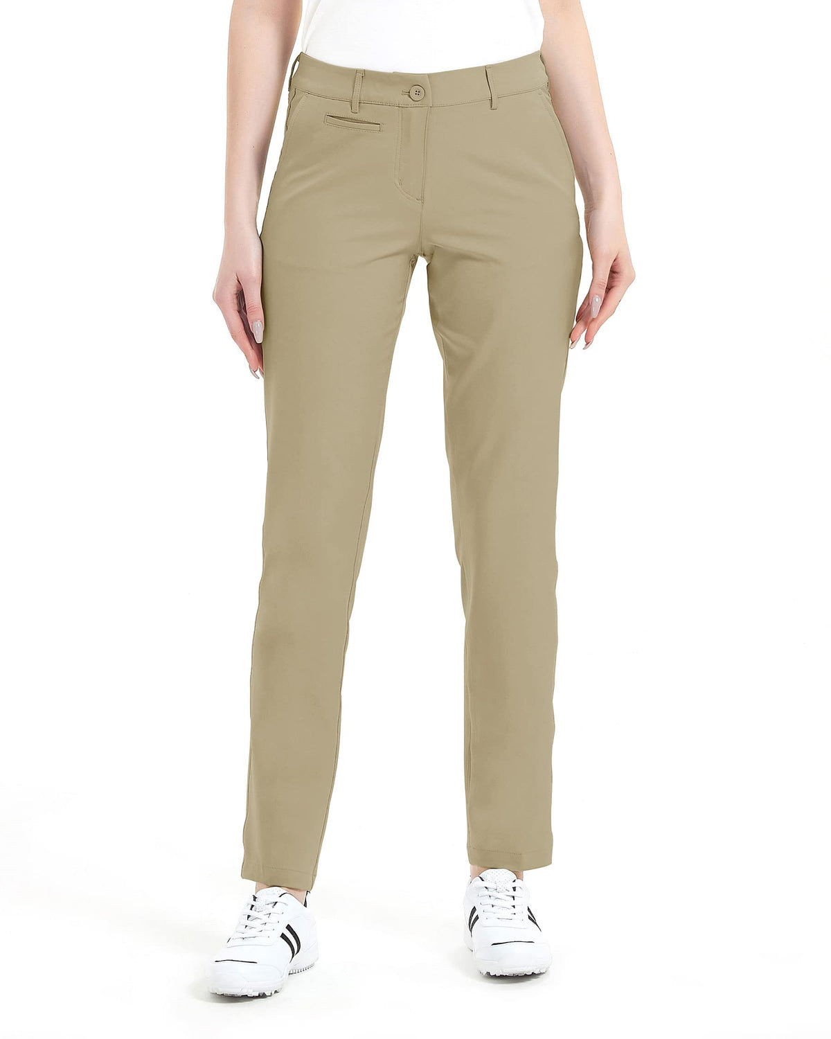 Lesmart women's golf pants front view showing stretch fabric for unrestricted swing.