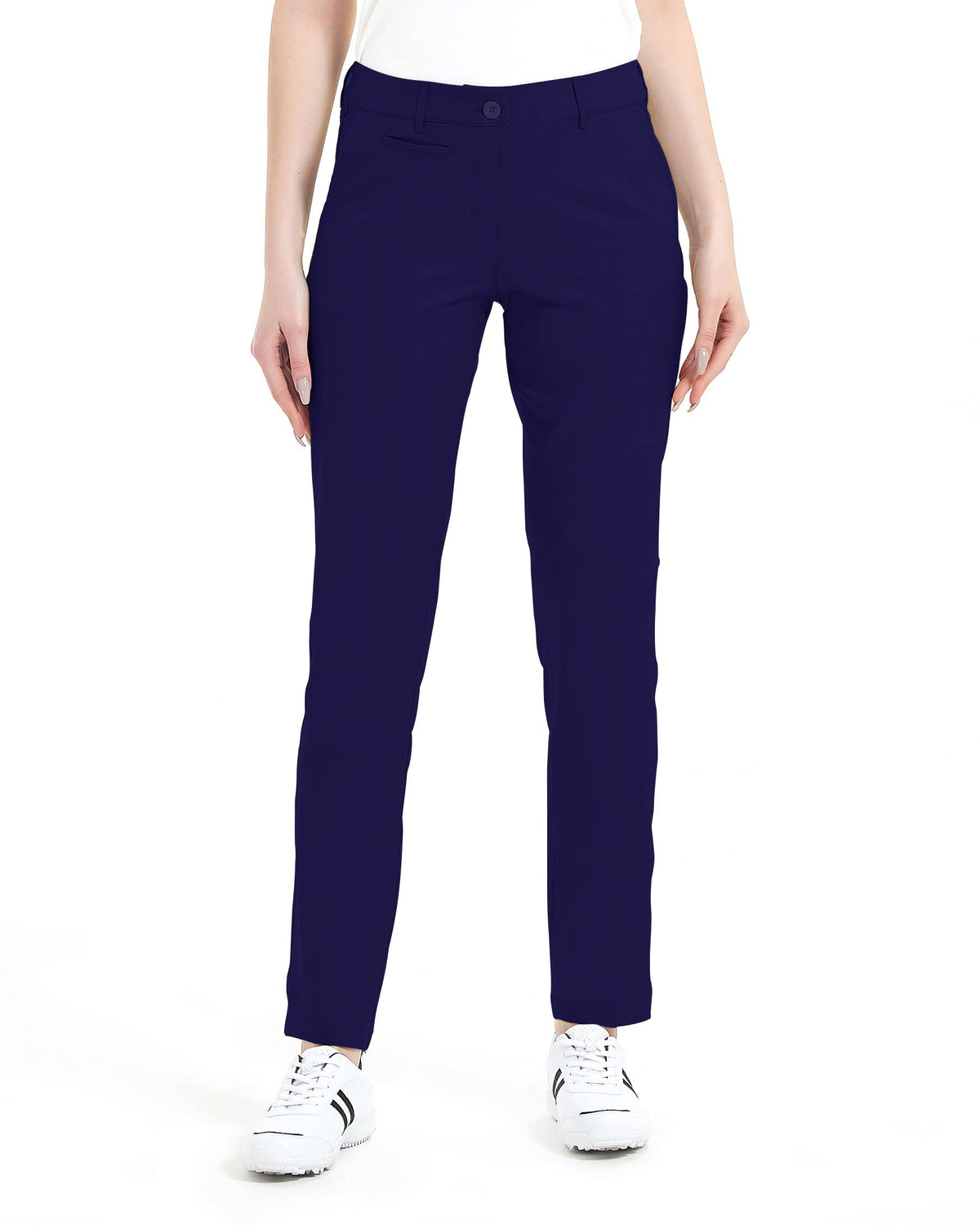 Lesmart women's golf pants stretch fabric close-up, navy color and moisture-wicking detail.
