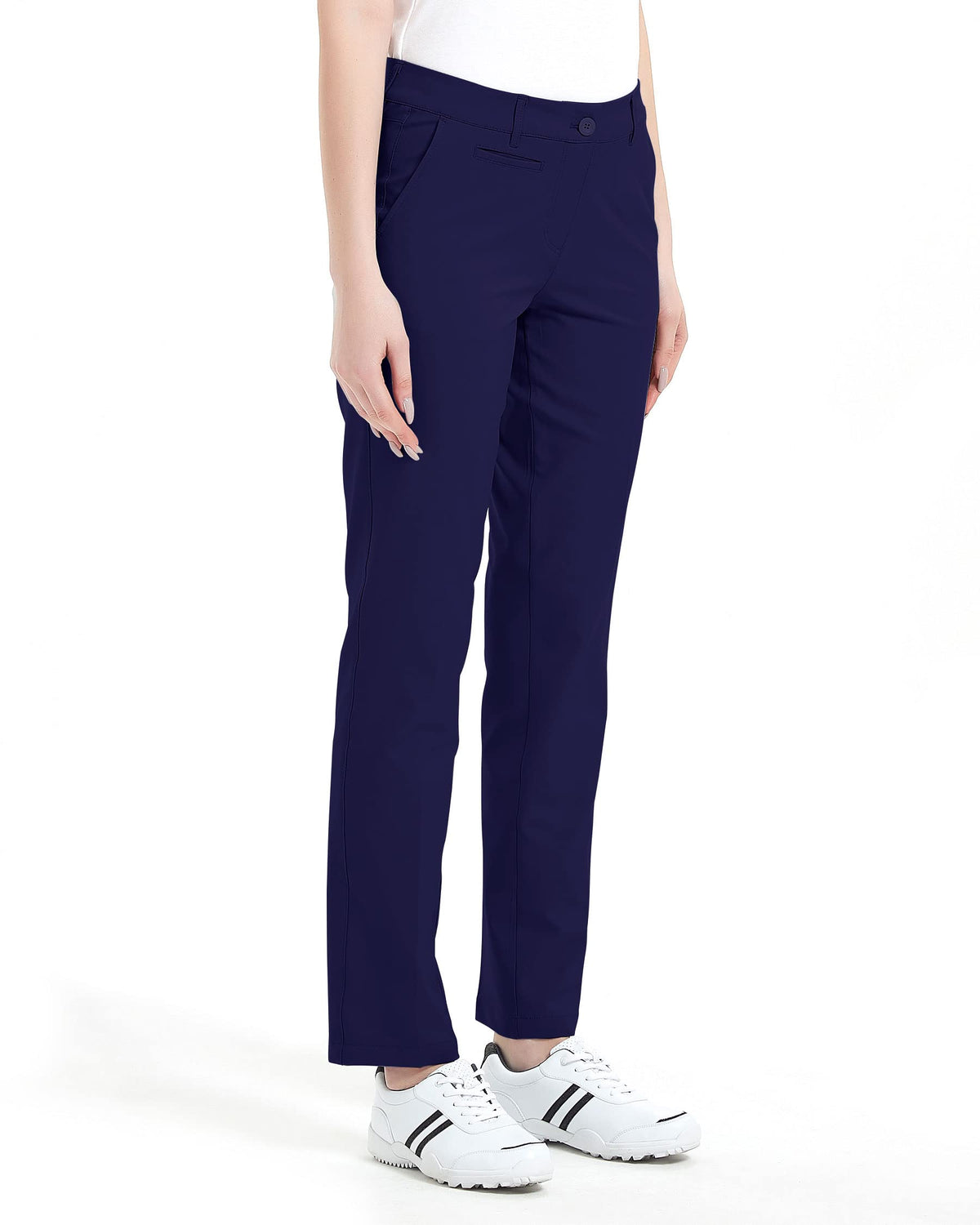 Lesmart women's golf pants stretch pocket-front close-up showing deep pockets for golf essentials.
