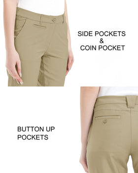 Lesmart women's golf pants worn in stance illustrating lightweight comfort during a swing.