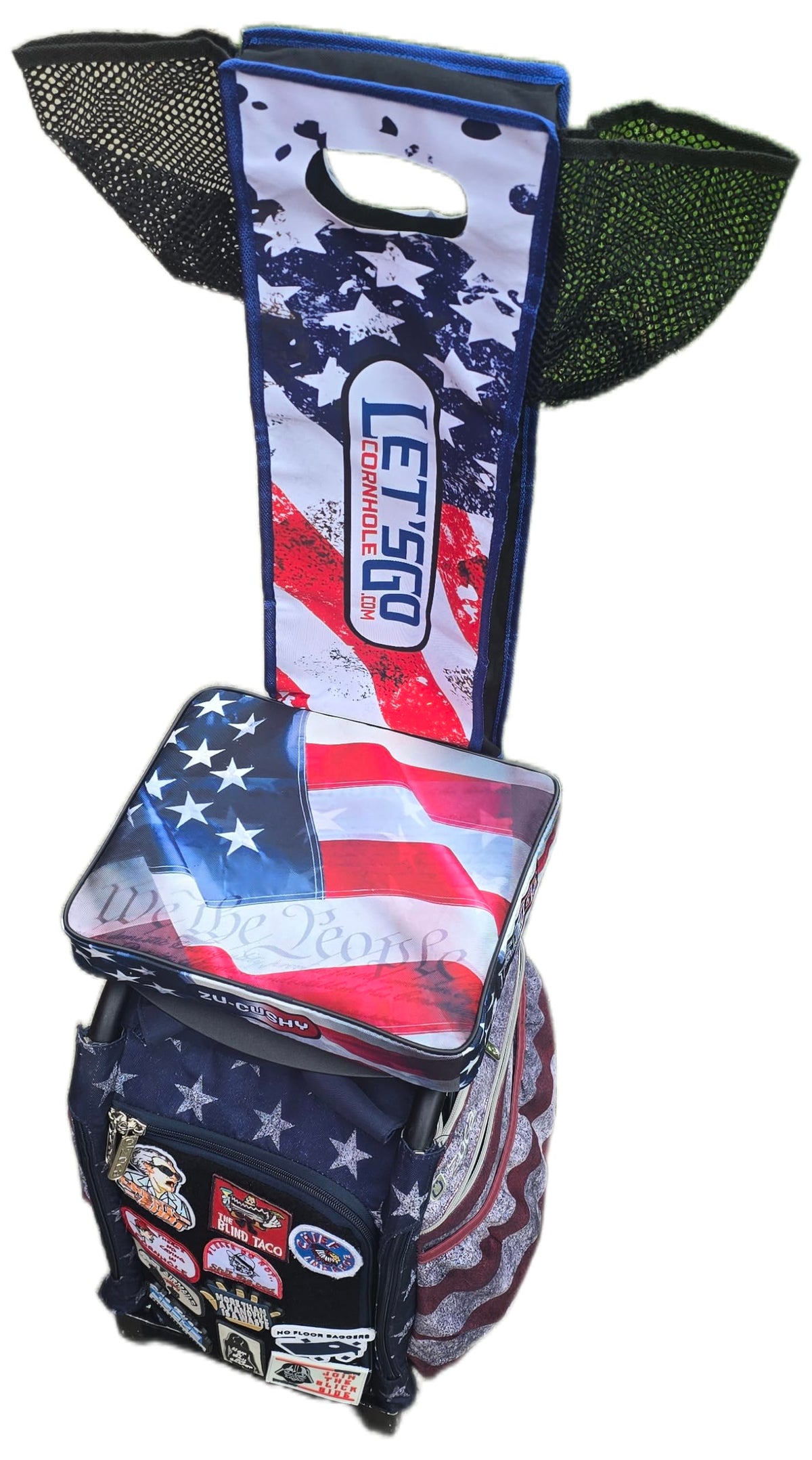 LETS GO CORNHOLE ZUCUSHY cushion in use on field.