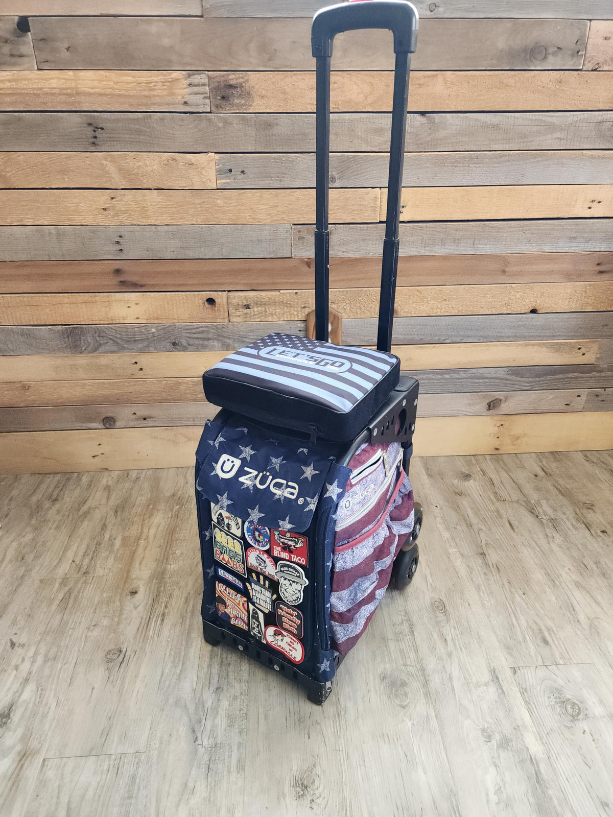 LETS GO CORNHOLE ZUCUSHY easy install with hook tape on cart top
