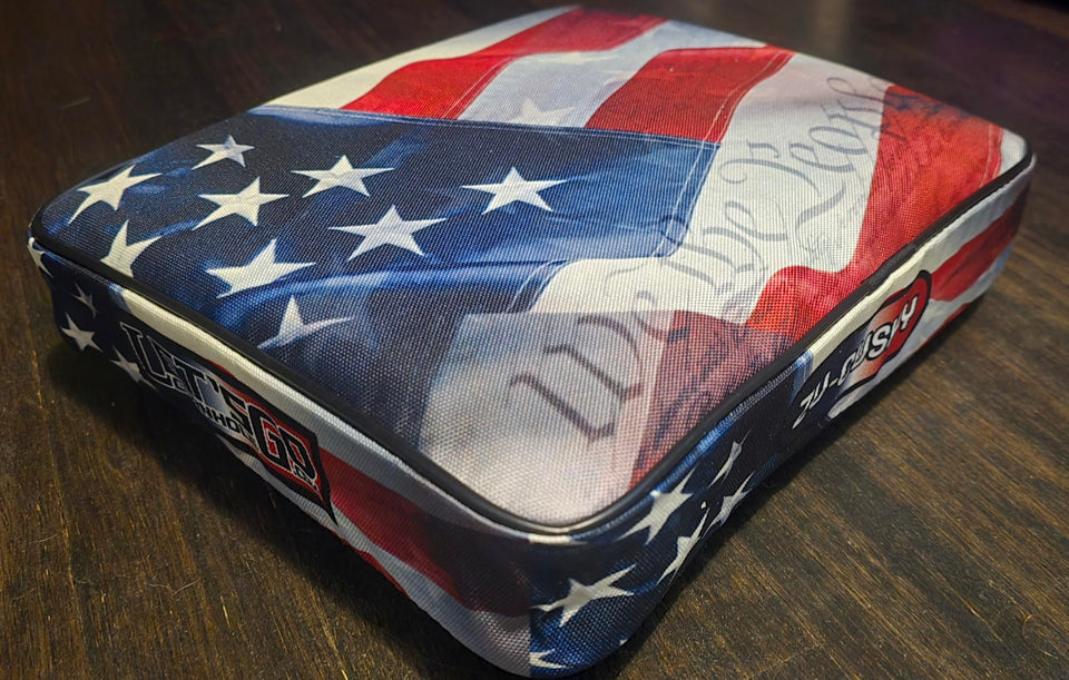 LETS GO CORNHOLE ZUCUSHY cushion, top view, for comfortable game breaks.