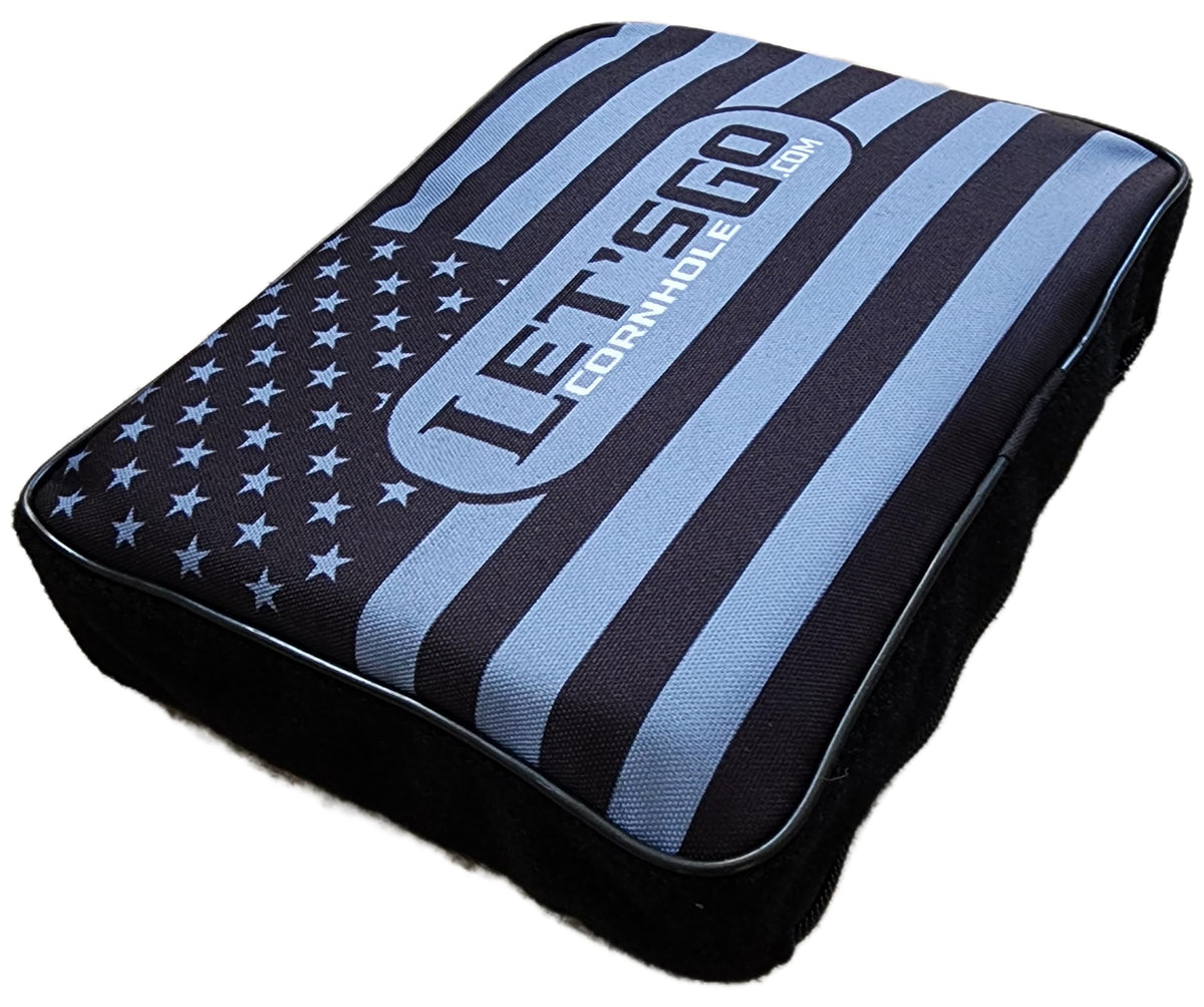 LETS GO CORNHOLE ZUCUSHY seat top view highlights plush 3-inch foam for added comfort