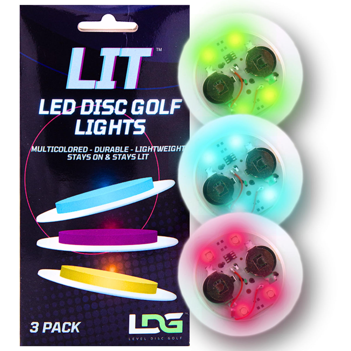 Level Disc Golf LIT Lights 3-pack boosts night-round visibility for easier throws.