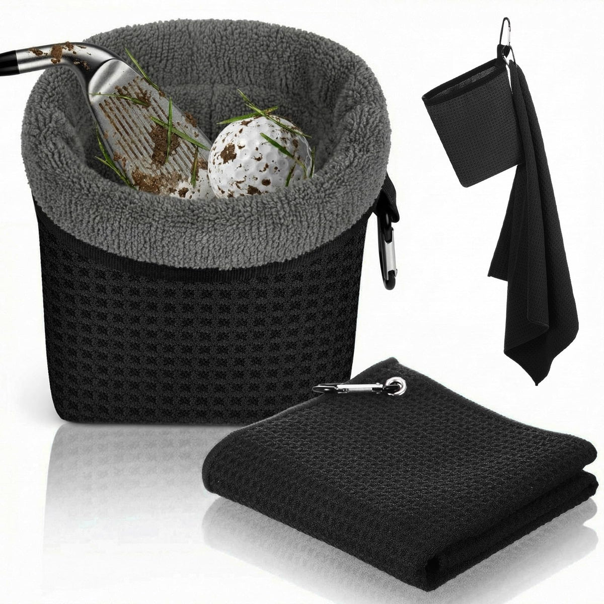 Lewtemi golf club and ball cleaning bag with extended surface for thorough cleaning on the course.