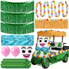 Leyndo green foil grass skirt wrapped on golf cart for tropical flair