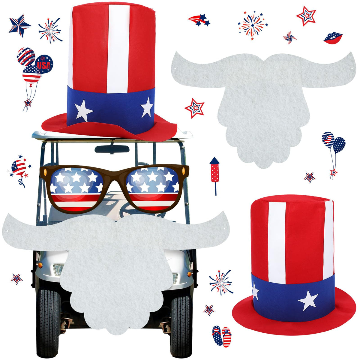 Leyndo Independence Day hat car decor adds bold patriotic flair to golf carts.
