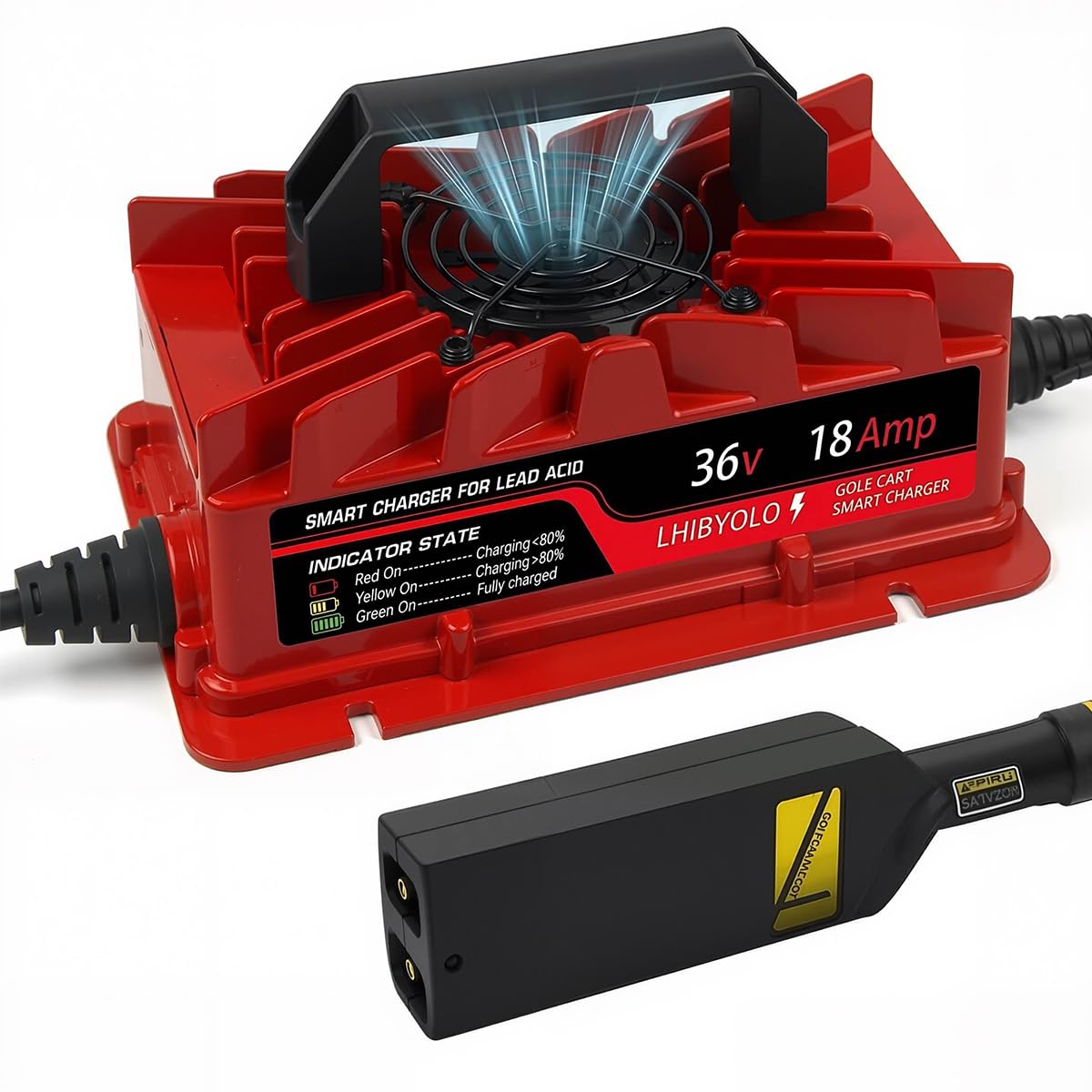 LHIBYOLO 36V golf cart charger front view showing design and form for EZGO TXT.