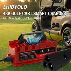 LHIBYOLO 48V golf charger connected to RXV demonstrates rugged IP67 protection in use.