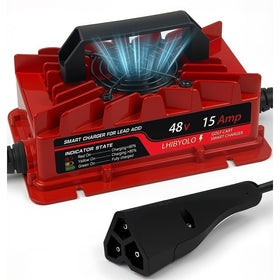 LHIBYOLO 48V golf charger front view with EZGO RXV plug for quick, safe charging.