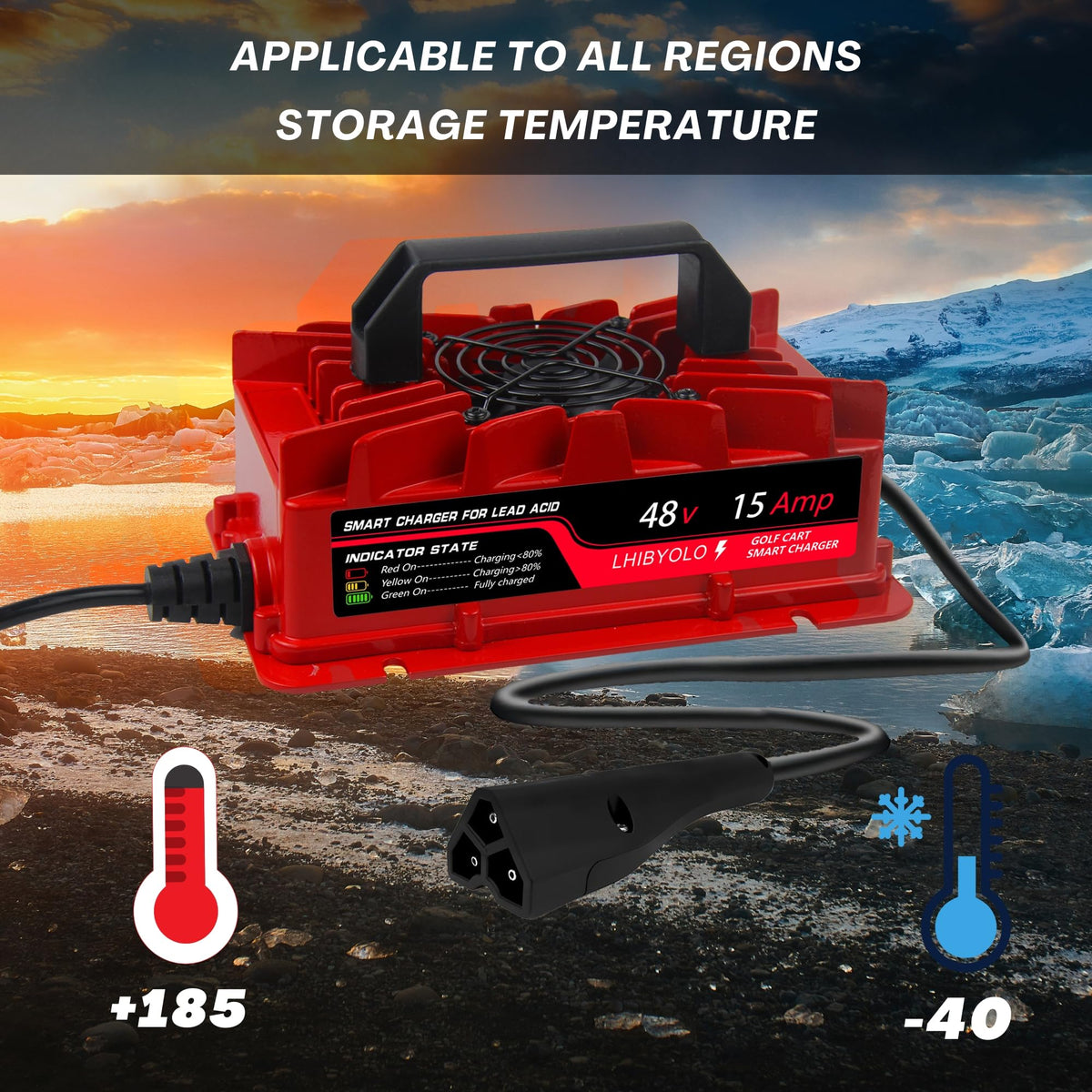 LHIBYOLO 48V golf charger indicator light shows charging status at a glance.