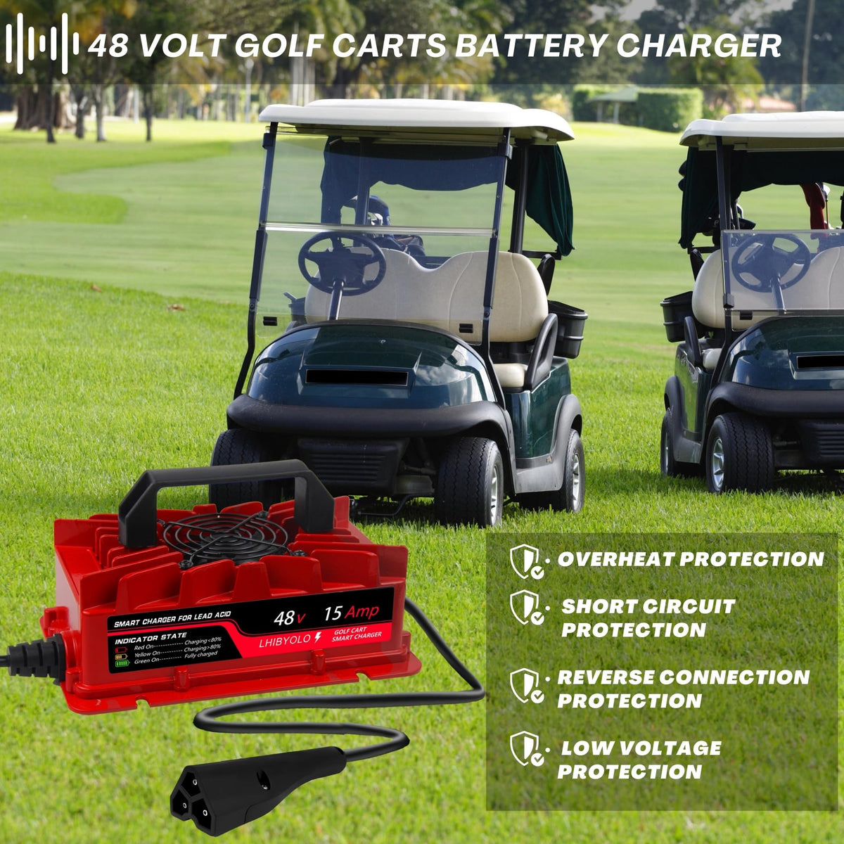 LHIBYOLO 48V golf charger IP67 rating for durable outdoor performance.