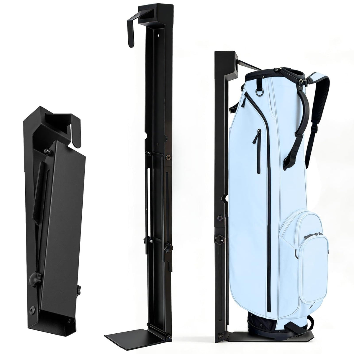 LHPY wall-mount golf bag stand with foldable design saves floor space.