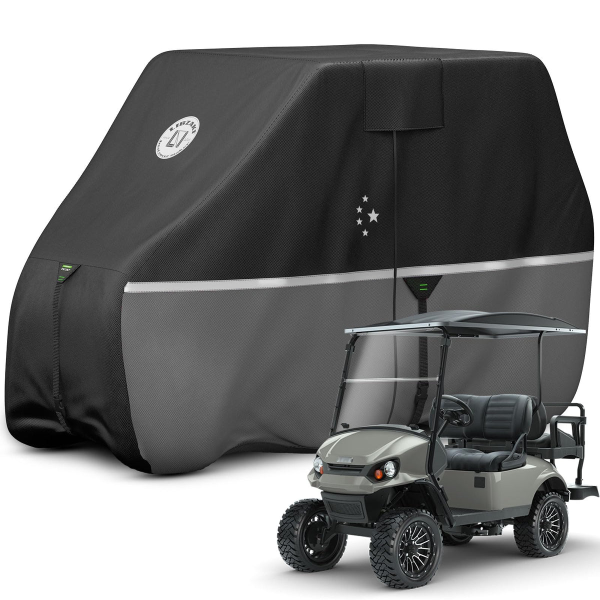 LI LIBZAKI golf cart cover front view showing all-weather protection and branding.