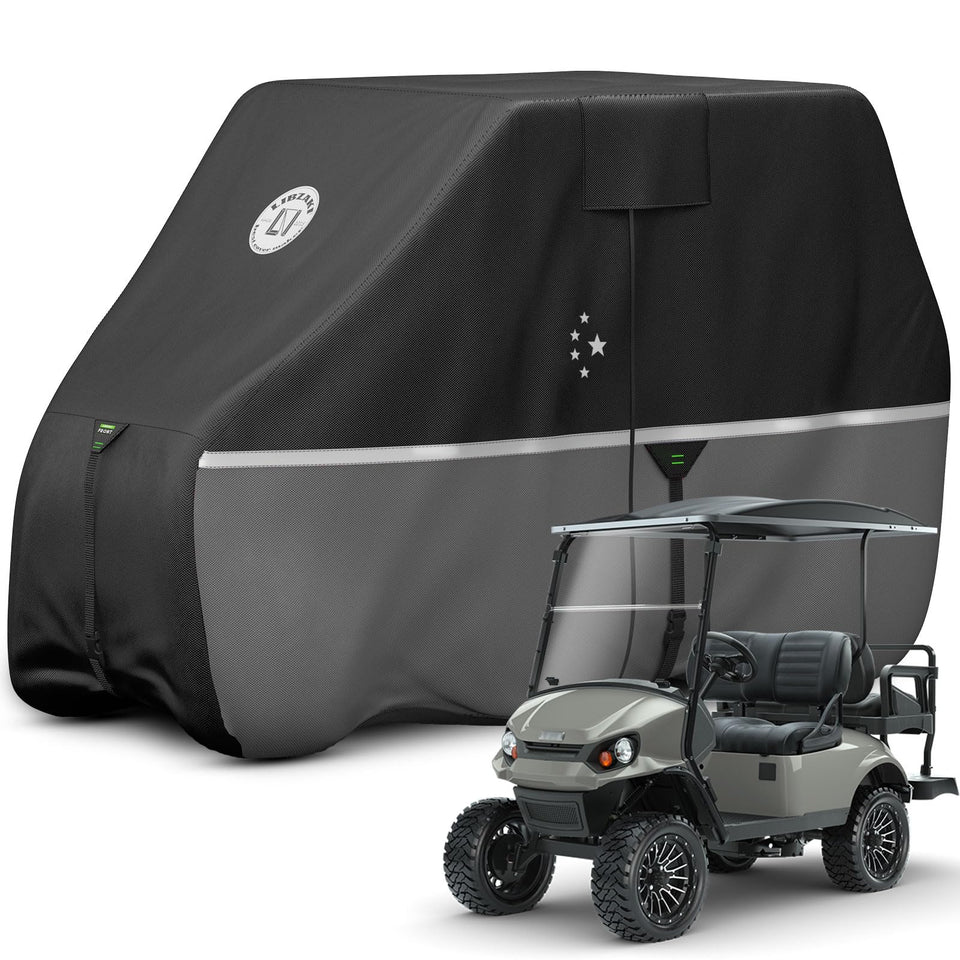 LI LIBZAKI golf cart cover front view showing all-weather protection and branding.
