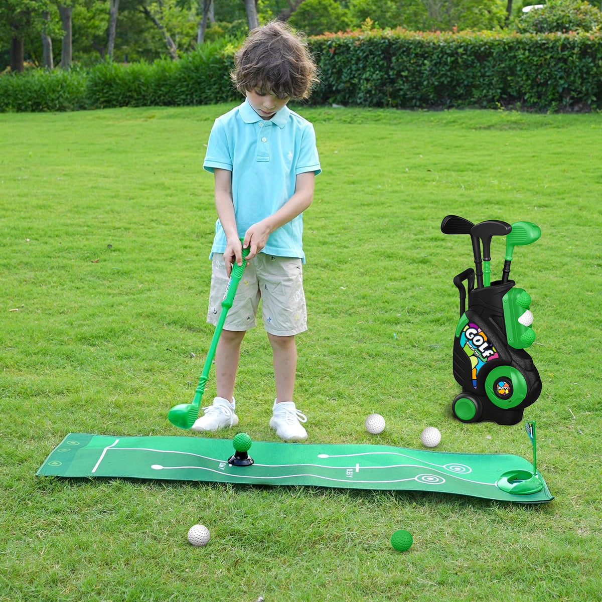 Kids playing with Liberry golf set in indoor and outdoor spaces