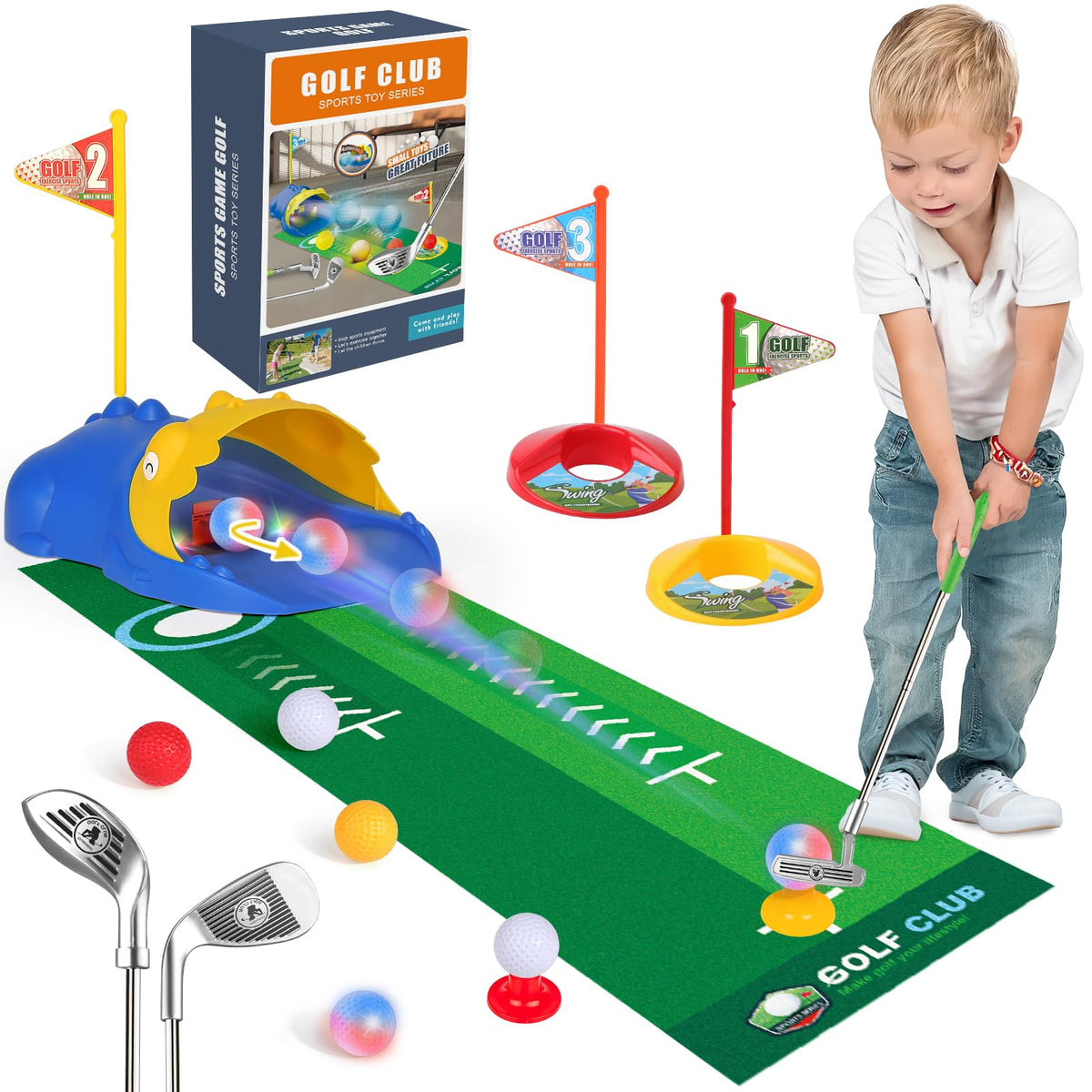 Liberry dinosaur ball returner lights up for interactive indoor and outdoor play.