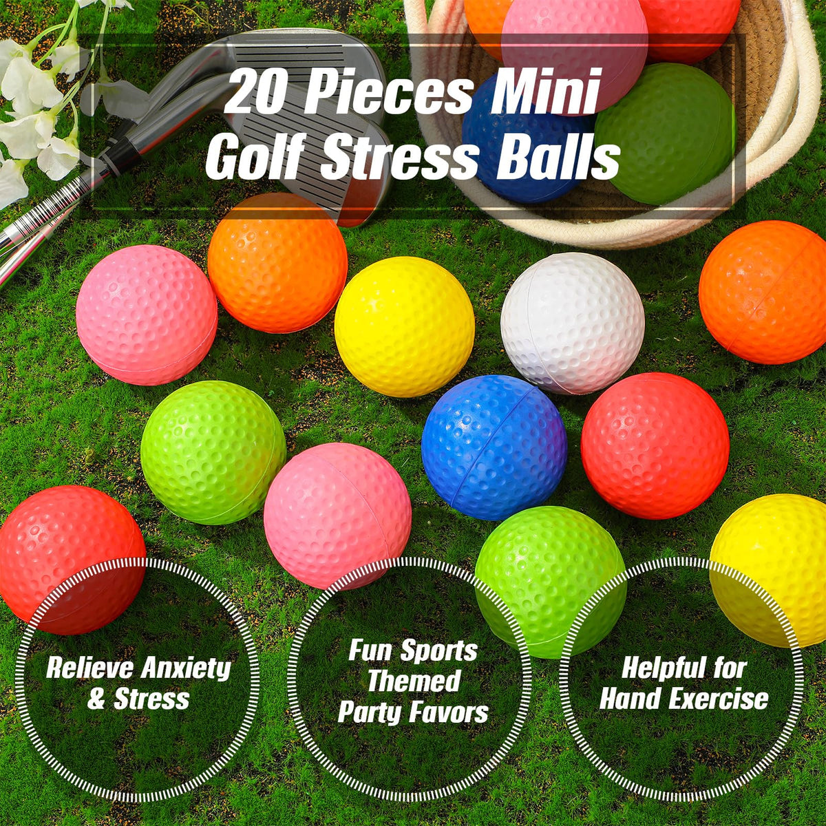 Colorful Libima mini golf stress balls on a desk for quick relief