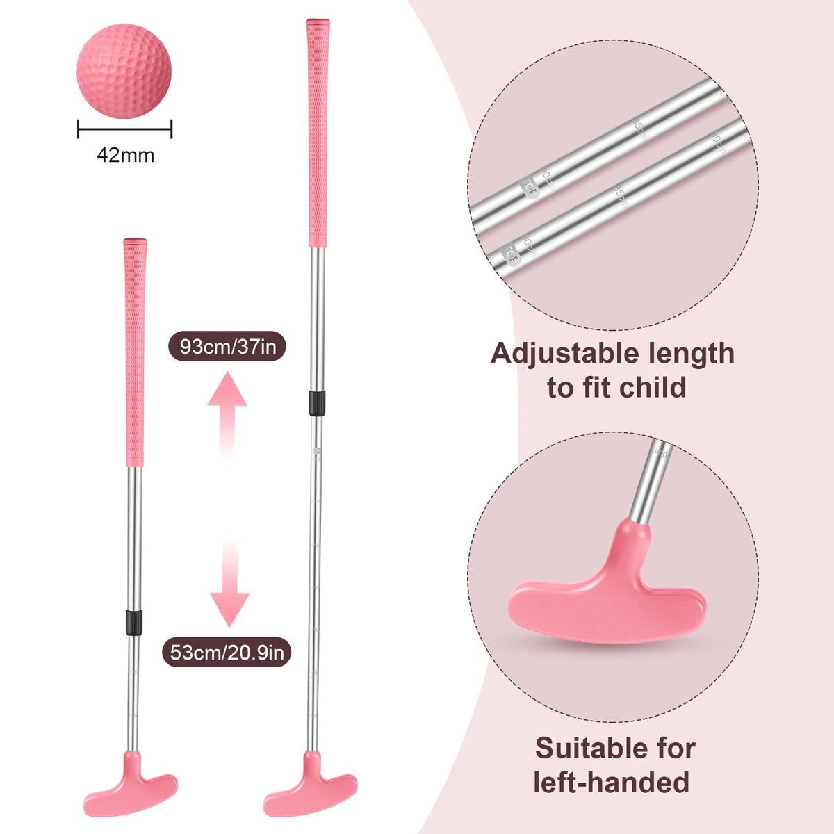 Libima pink golf putter, adjustable length for growing players.