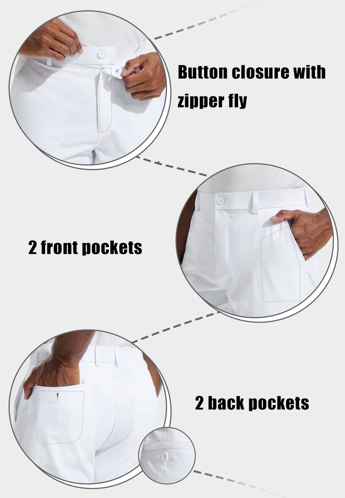Libin men's golf pants back pocket close-up with button closures.