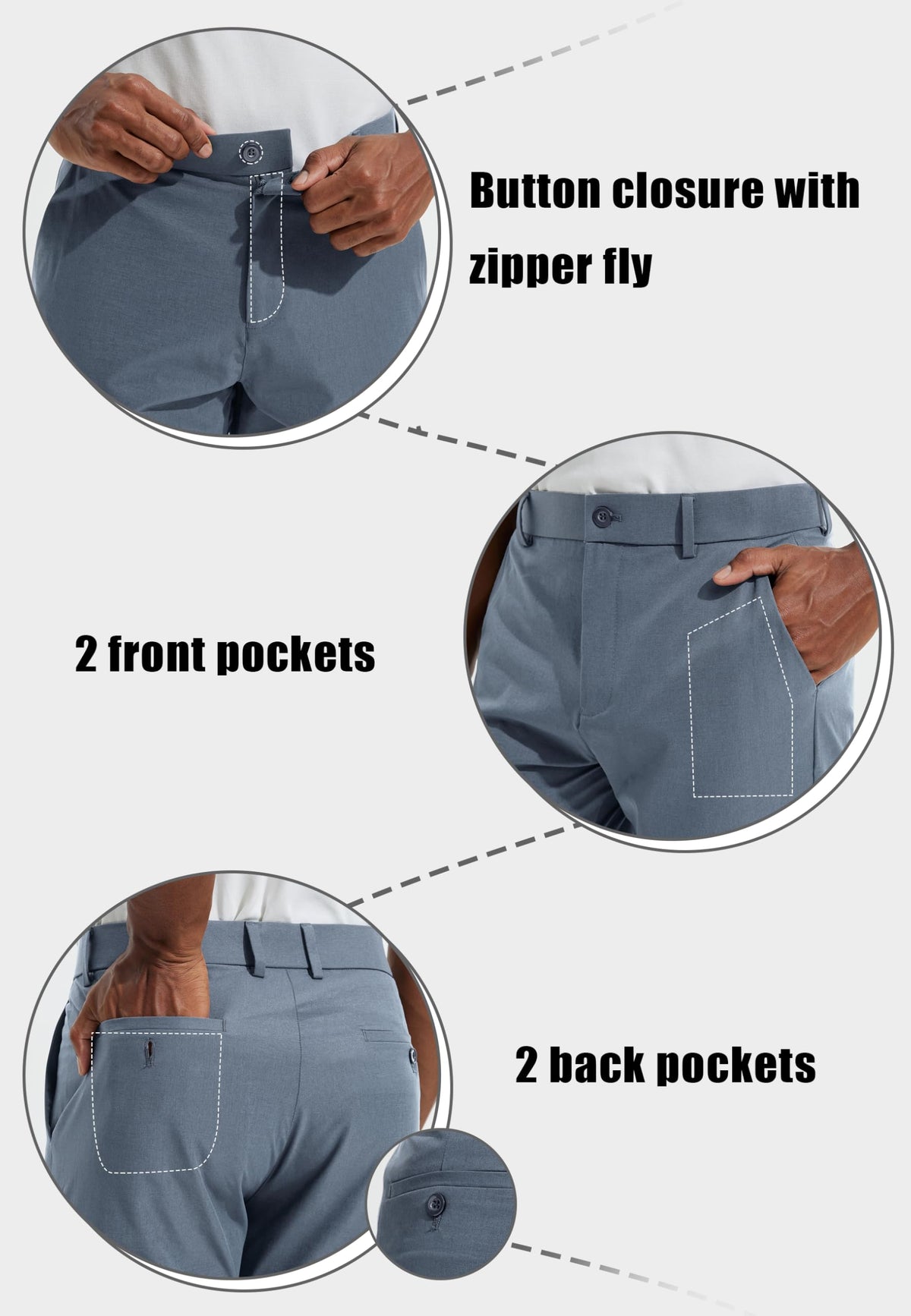 Libin Ice Blue pants showing front pockets and practical design.