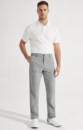 Libin golf pants zipper and button closure detail for secure fastening.