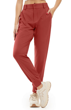 Libin women's burgundy 4-way stretch golf joggers, front view, all-day comfort with pockets.