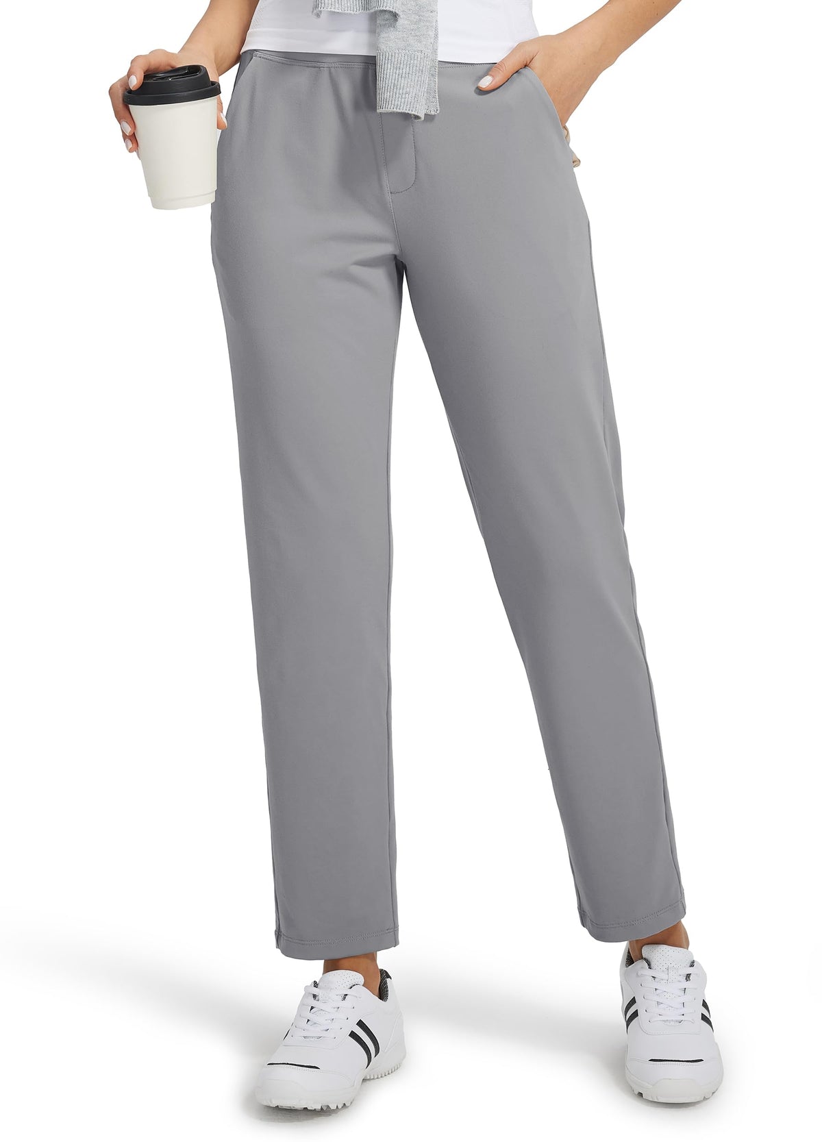 Libin women's casual travel pants front view in dusty blue, ready for everyday comfort and movement.