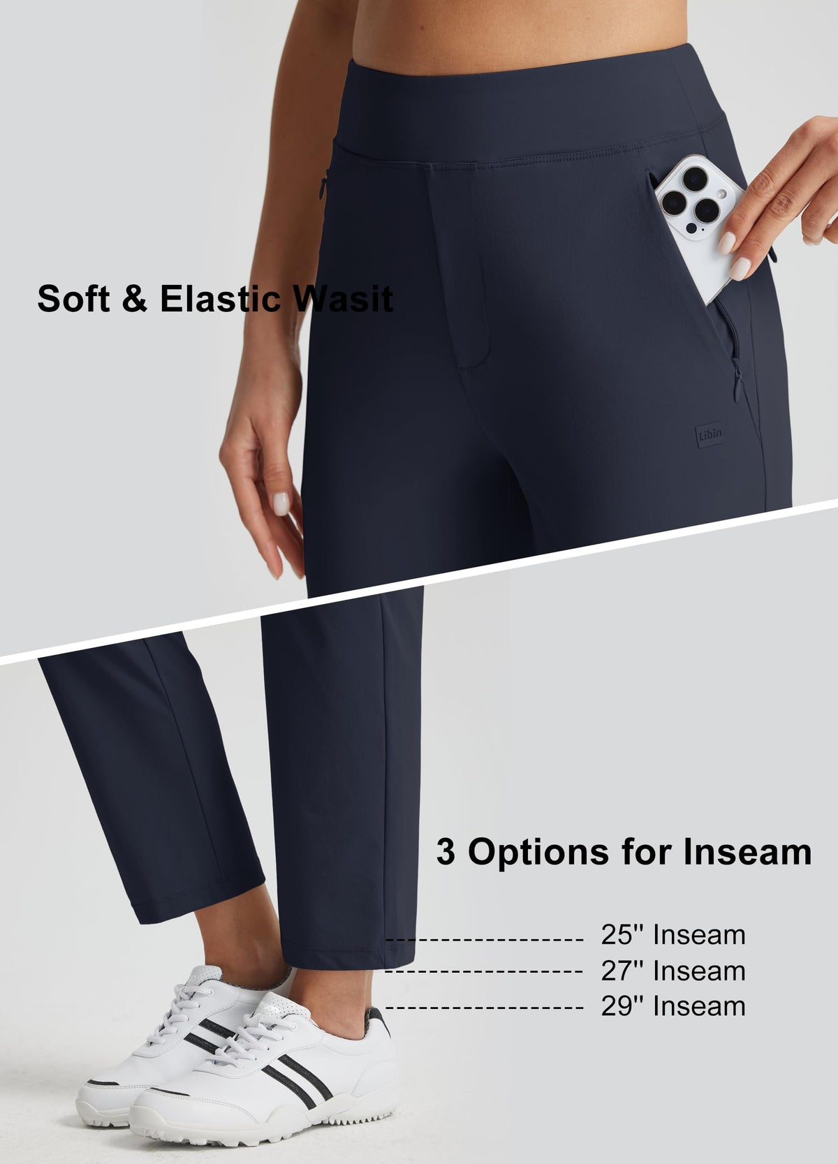 Libin golf pants show back pockets for convenient card or key storage.