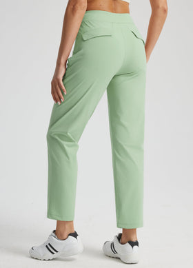 Libin golf pants feature a high waist with flat elastic for tummy control.