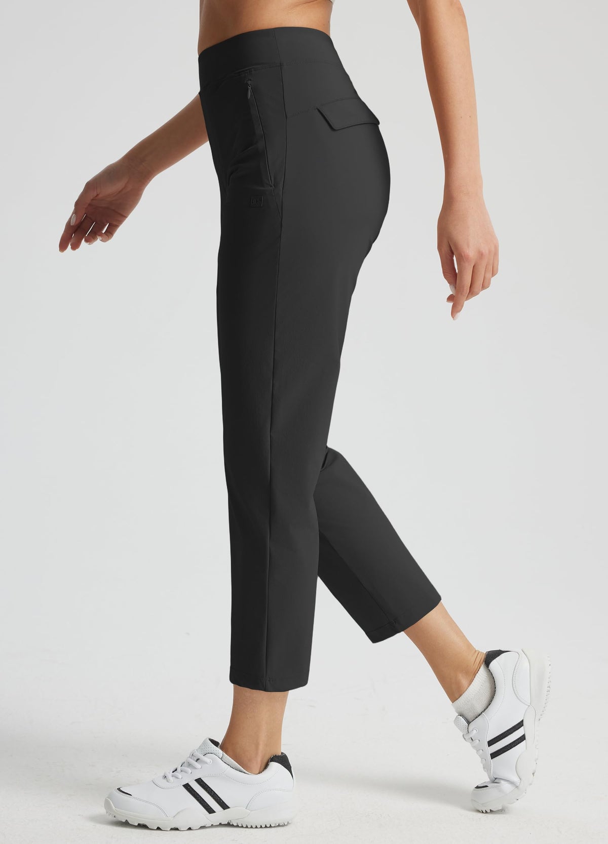 Libin straight-leg 25-inch inseam creates a lengthening look.