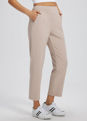 Libin high-waist elastic waistband on beige pants for comfortable fit