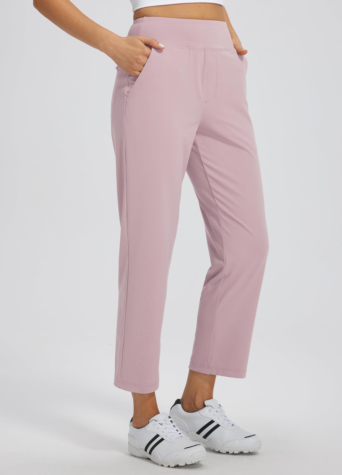Libin women's pants side view 25-length, flexible movement.