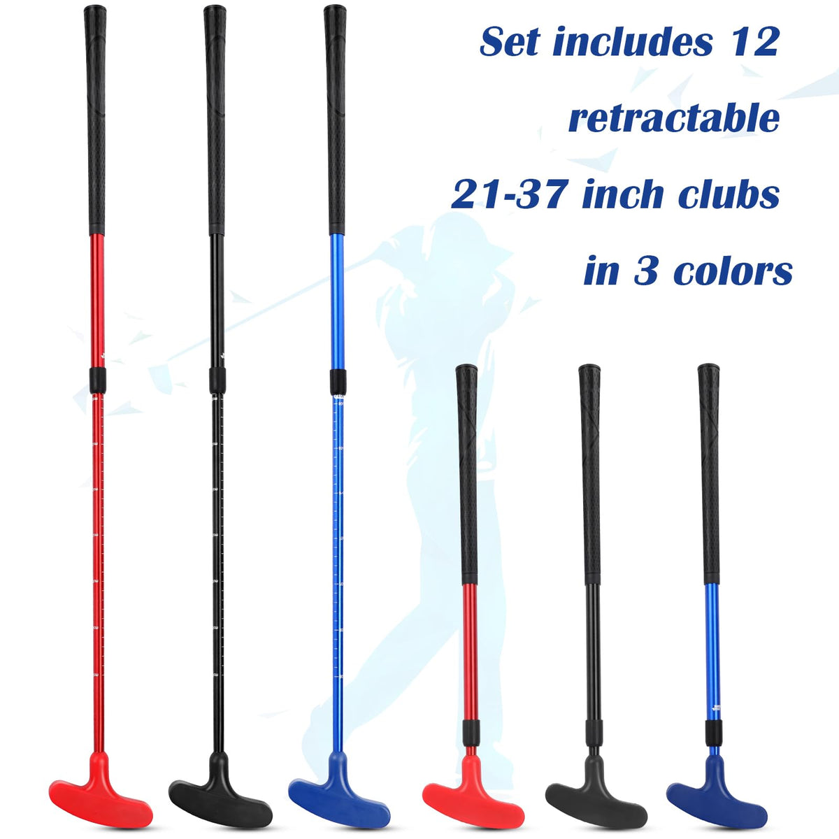 Liliful adjustable-length putters showing 60-90 cm range for various heights.