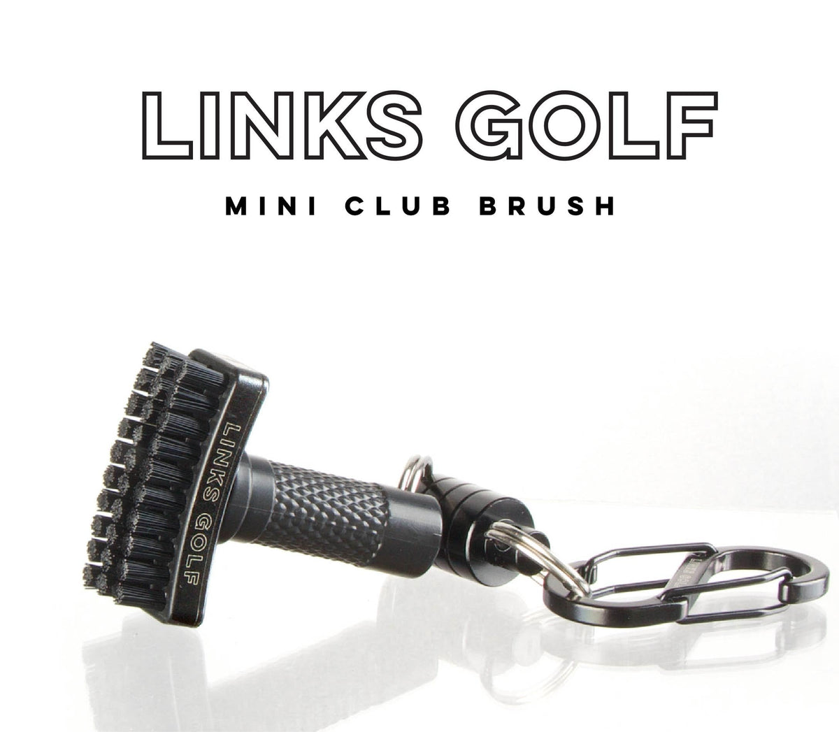 Links Golf mini brush with S-Carabiner clip keeps it within reach during play.