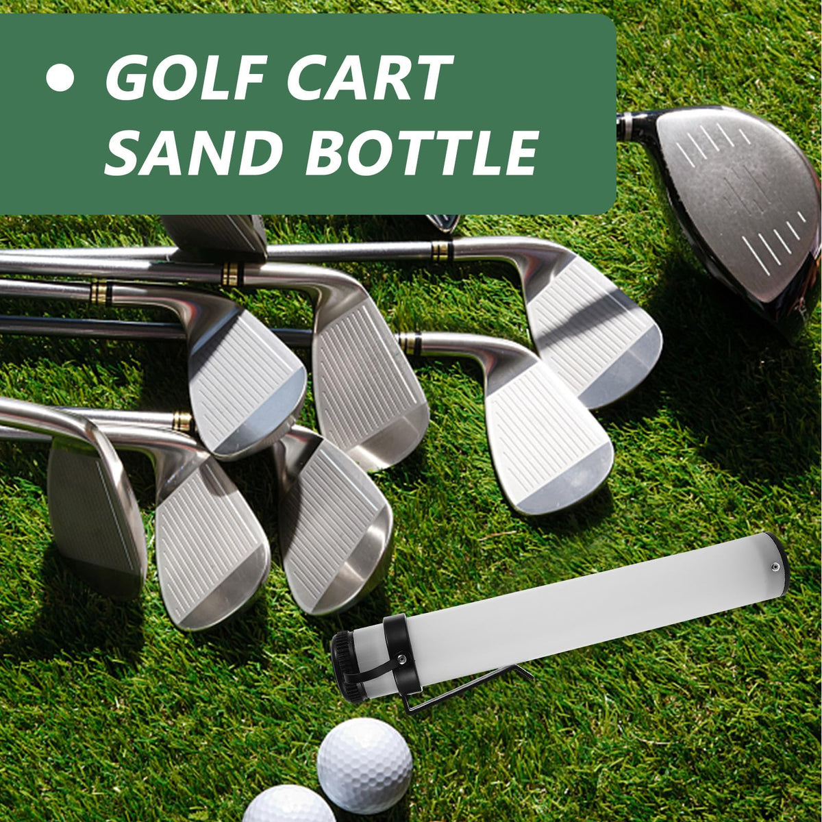 LIOOBO sand bottle showing the dispensing cap for fast refills on the course.