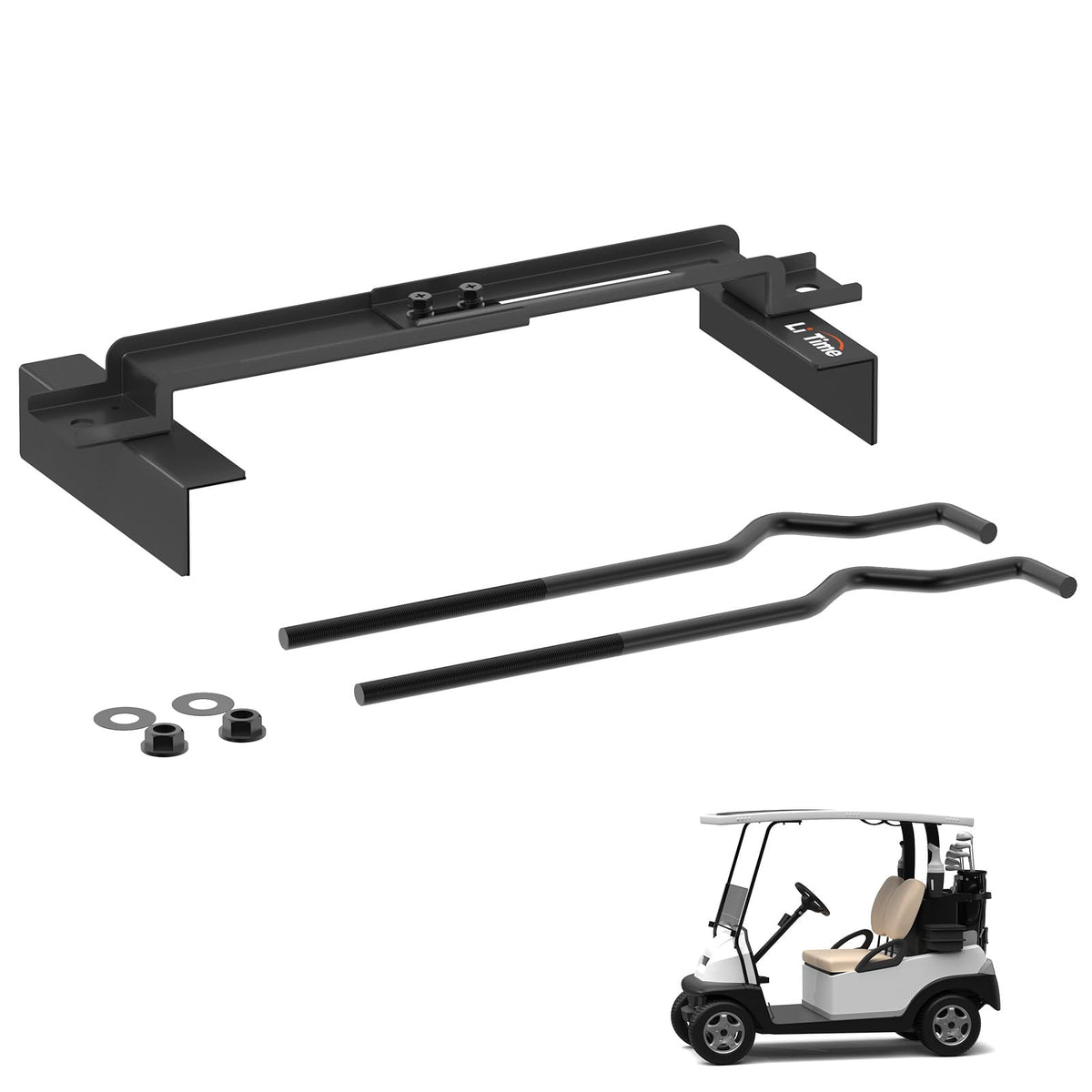 LitTime LiTime hold down kit with adjustable crossbar secures golf cart batteries.