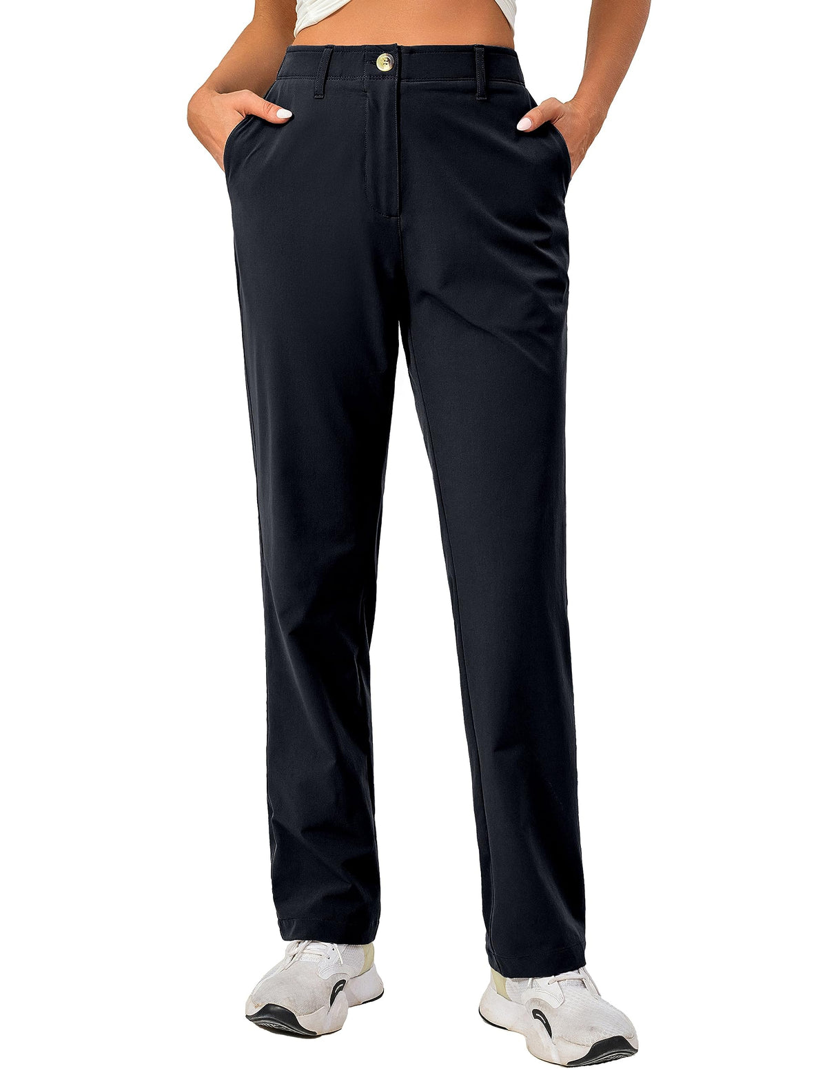 Little Donkey Andy women's golf pants full view in deep black, versatile for golf or travel.