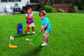 Little Tikes TotSports Grab N Go Golf easy set tee shown with organized pieces.