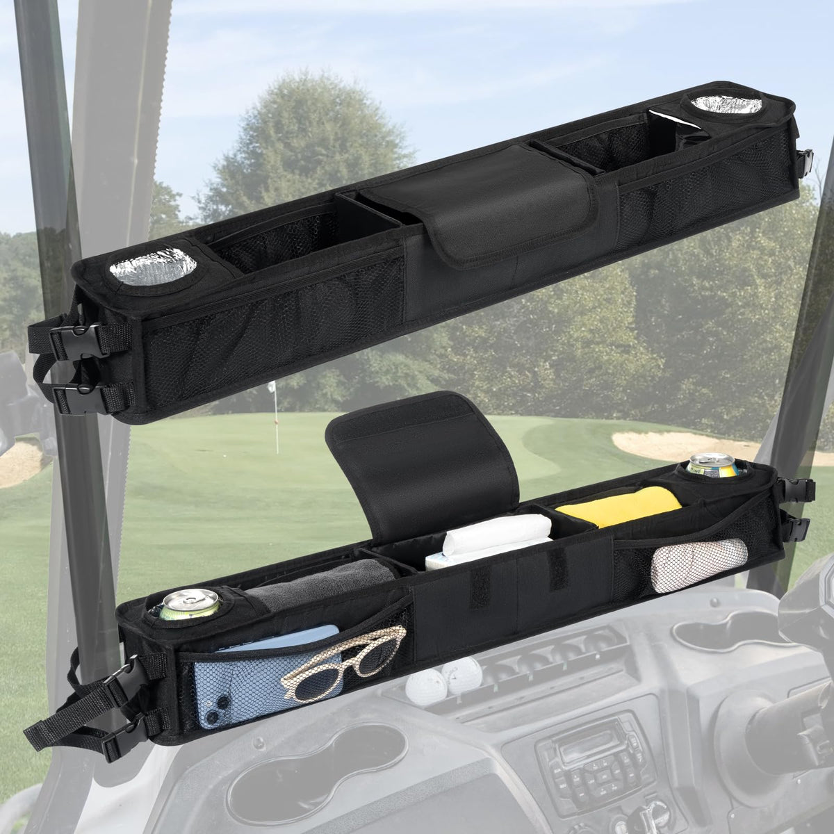 Little World front storage basket EZGO fit keeps clubs and snacks neatly organized.