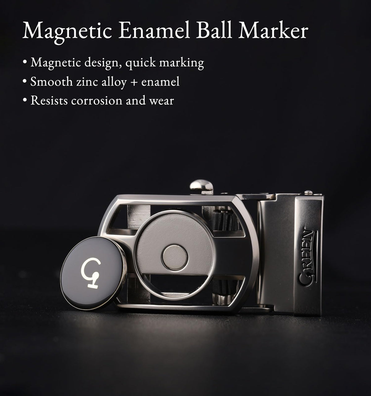 Litume magnetic enamel ball marker attached to belt for quick use.