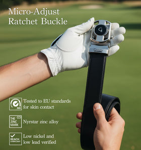 Litume belt side view highlighting the holeless micro-adjust buckle.